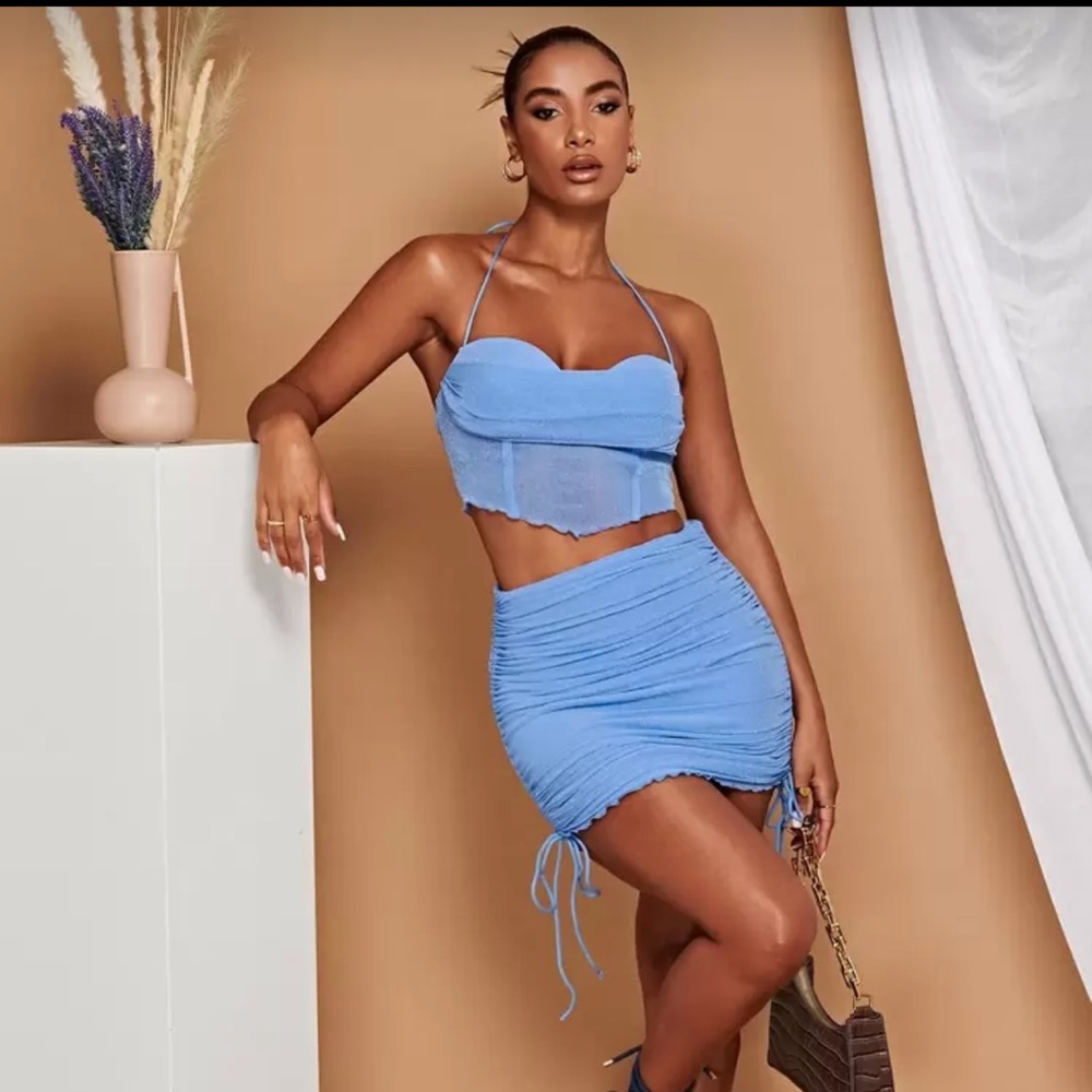 Lettuce Trim Tie Backless Crop Halter Top & Drawstring Side Bodycon Skirt